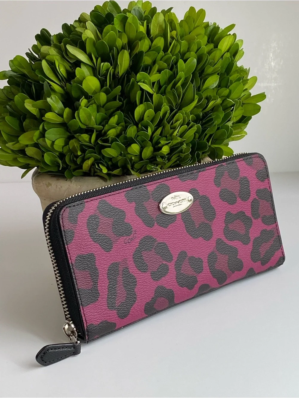 Coach Ocelot Cranberry Leopard Print Zip Wallet